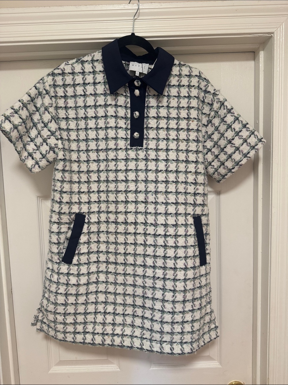 Pearl-Button White Tweed Mini Dress with Navy Trim